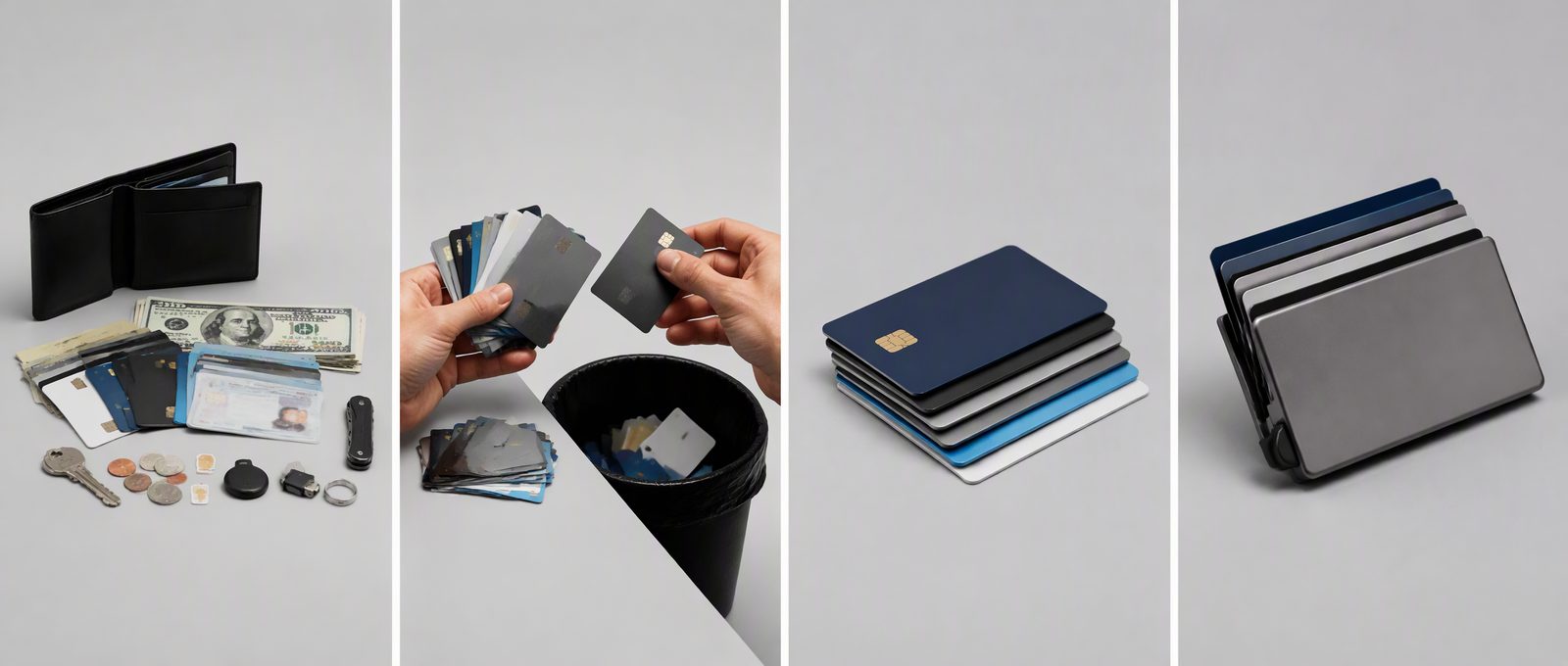 Four-step wallet slim-down process: empty everything, cut to six cards, fix the cash layer, rebuild in order
