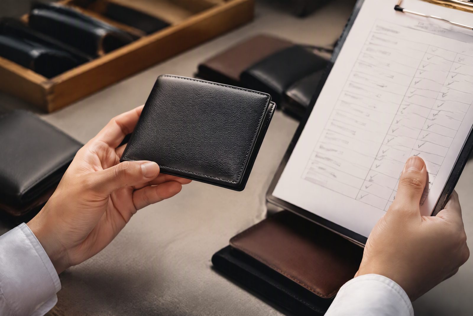 Quality control station: stitching and edge check on a full-grain leather wallet