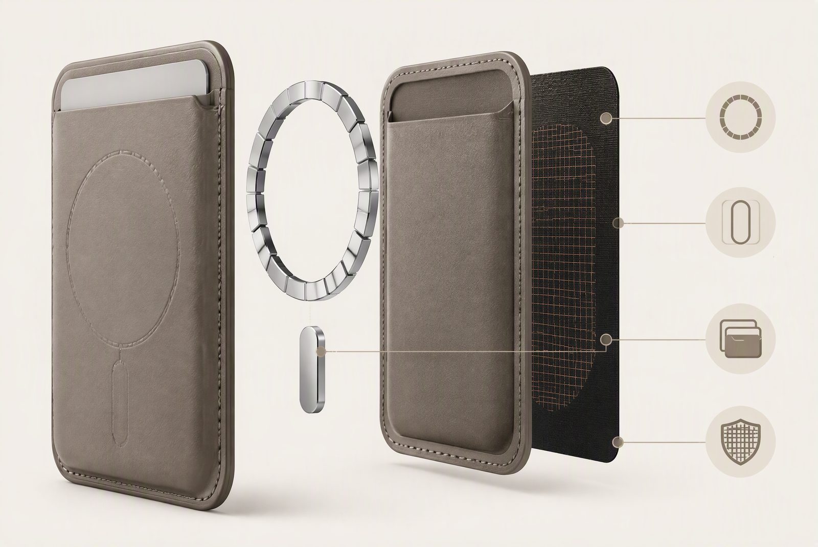Close-up breakdown of a MagSafe wallet: magnet ring, alignment magnet, card cavity, RFID layer
