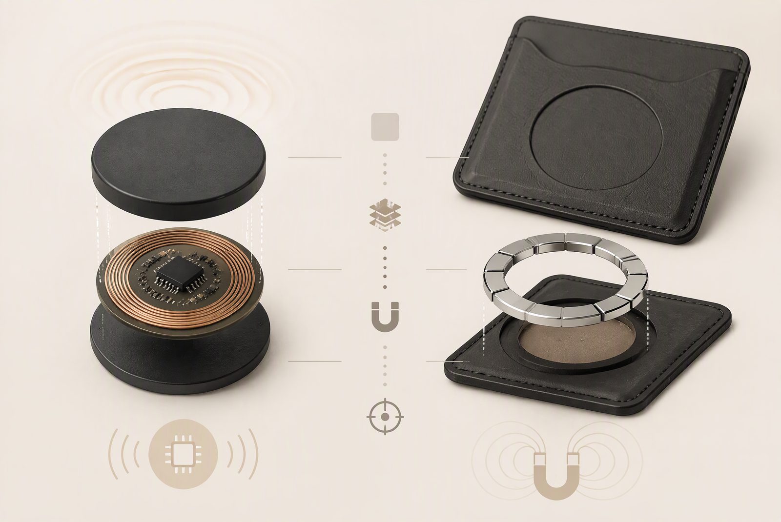 Diagram showing Find My pairing NFC chip vs the magnet ring in a MagSafe wallet