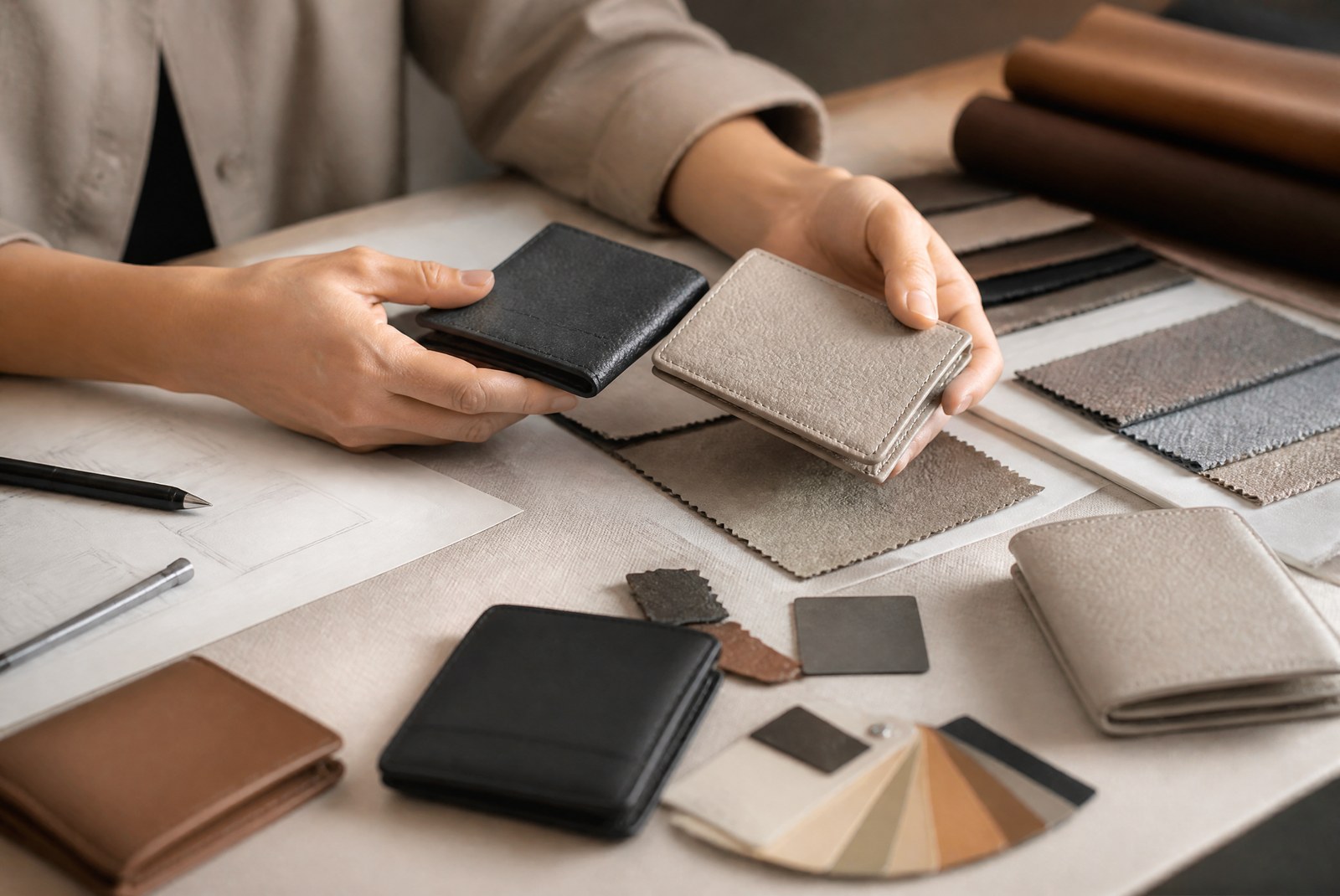 Wallet product line: hero model, two alternatives and accessory add-ons laid out on a table