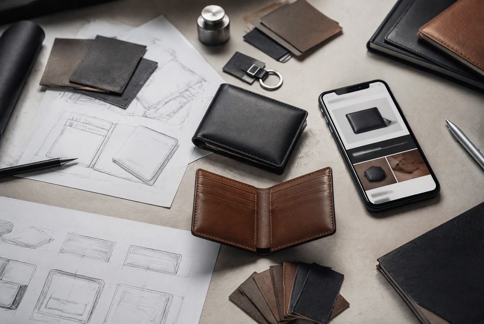 Founder's desk with wallet prototypes, materials, sketches and a laptop in a bright studio