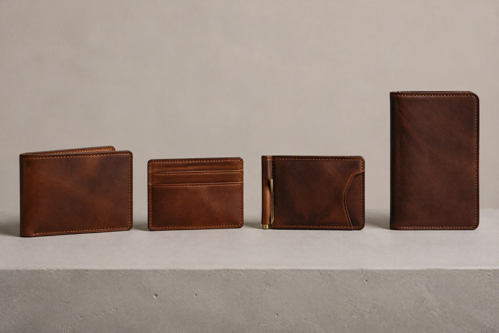 Four leather wallet styles: bi-fold, cardholder, money clip and passport wallet