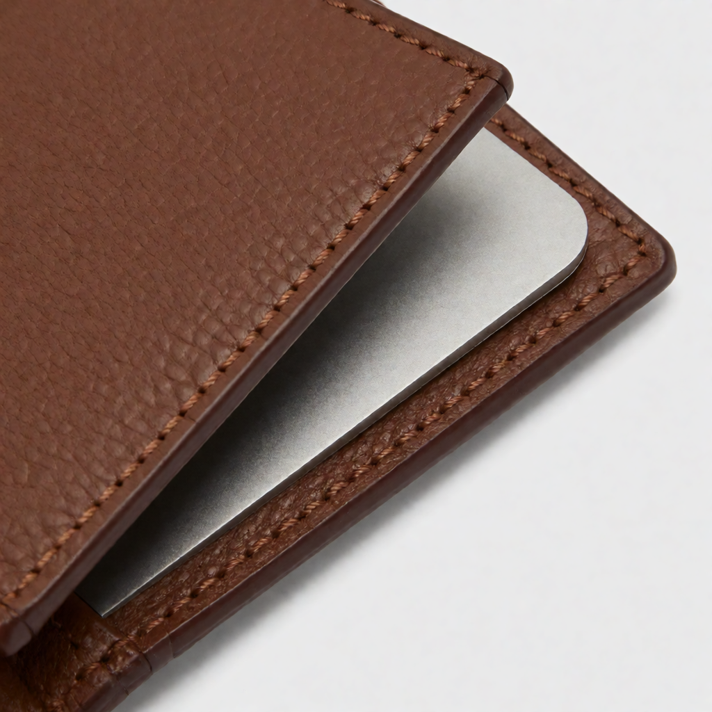 Close-up of women's wallet materials including RFID-blocking layer and premium leather texture on neutral background