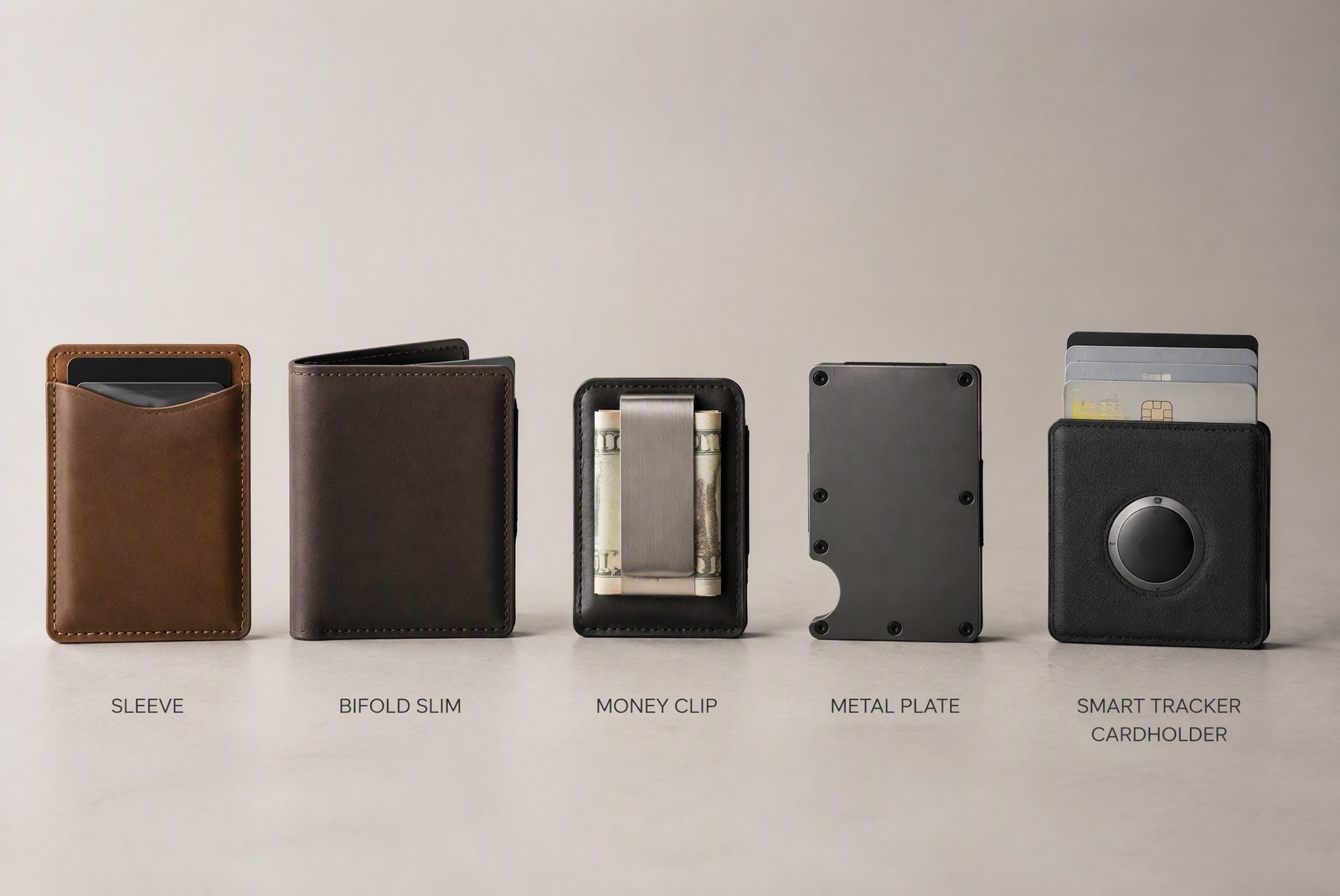 The five minimalist wallet types: sleeve, bifold slim, money clip, metal plate, tracker 