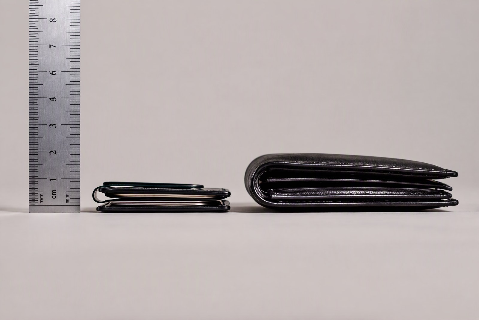 Slim money clip wallet vs classic bifold: thickness contrast with a measuring ruler