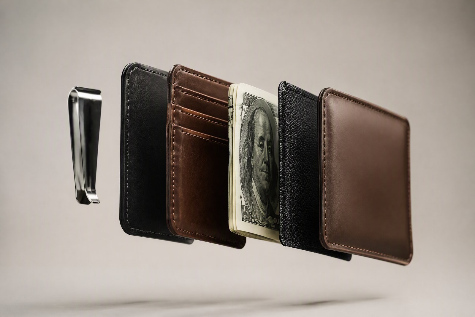 Money clip wallet construction: metal clip, card slots and cash fold in an exploded view