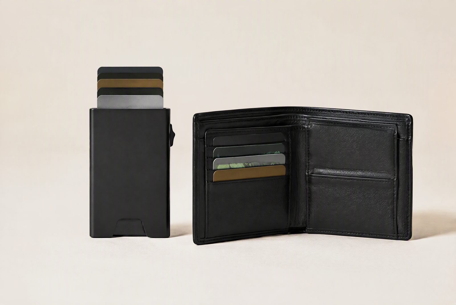 Cutaway diagram showing cam rotation and card catching lip inside a pop-up wallet