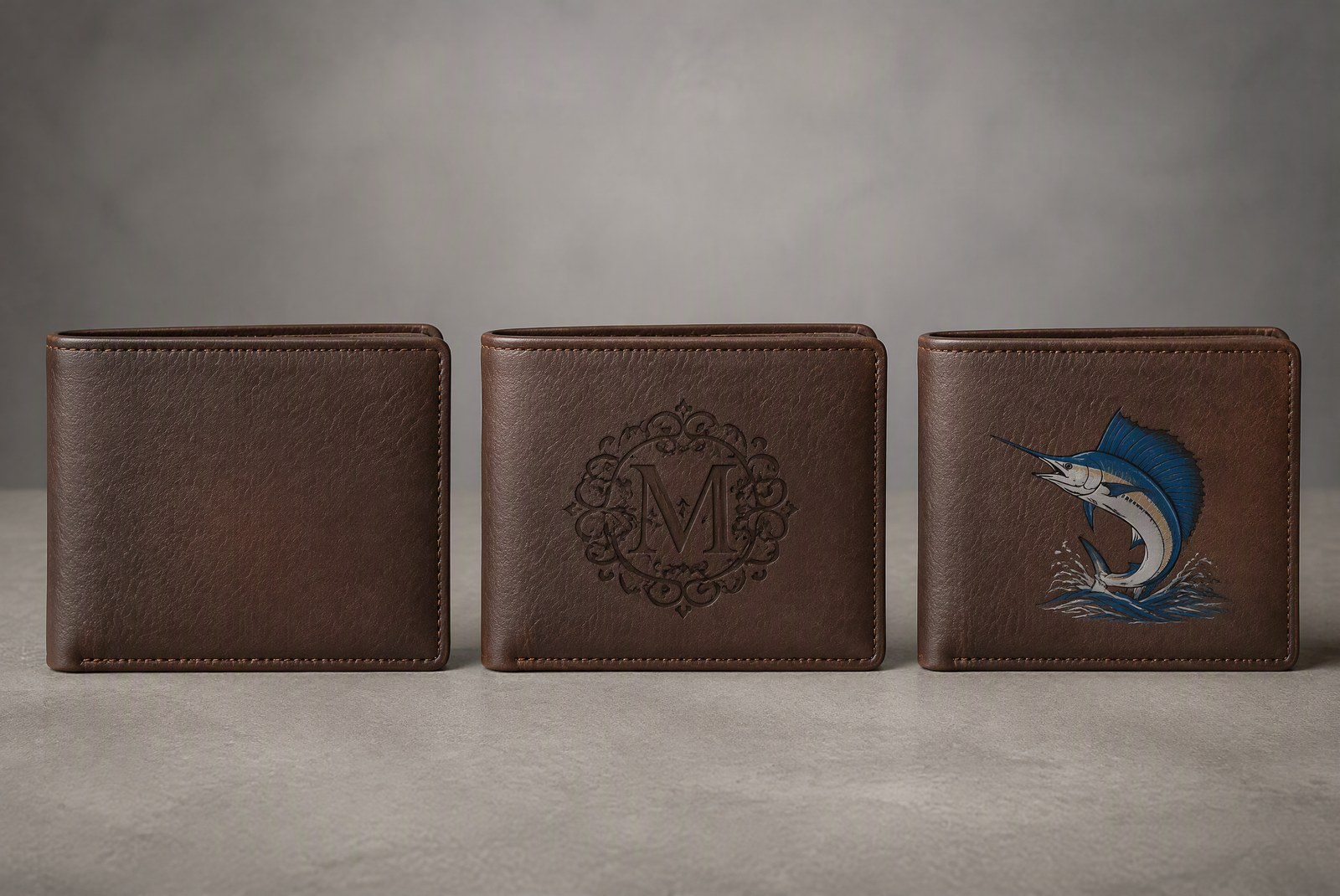 comparison: side-by-side product photography of five logo treatments on wallet samples: debossed leather, etched aluminum, laser-engraved metal, foil-stamped leather, and a silicone badge