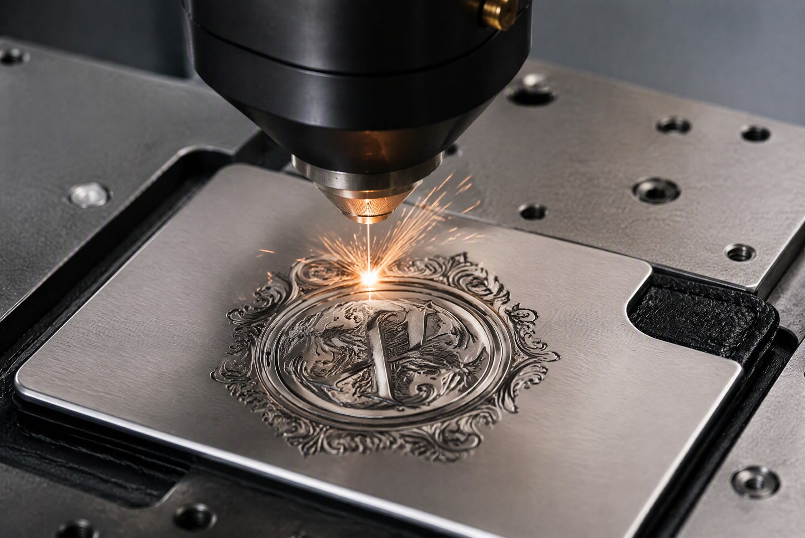 feature: factory photography of a quality-control workstation where an operator inspects logo alignment on freshly produced wallets under a work lamp