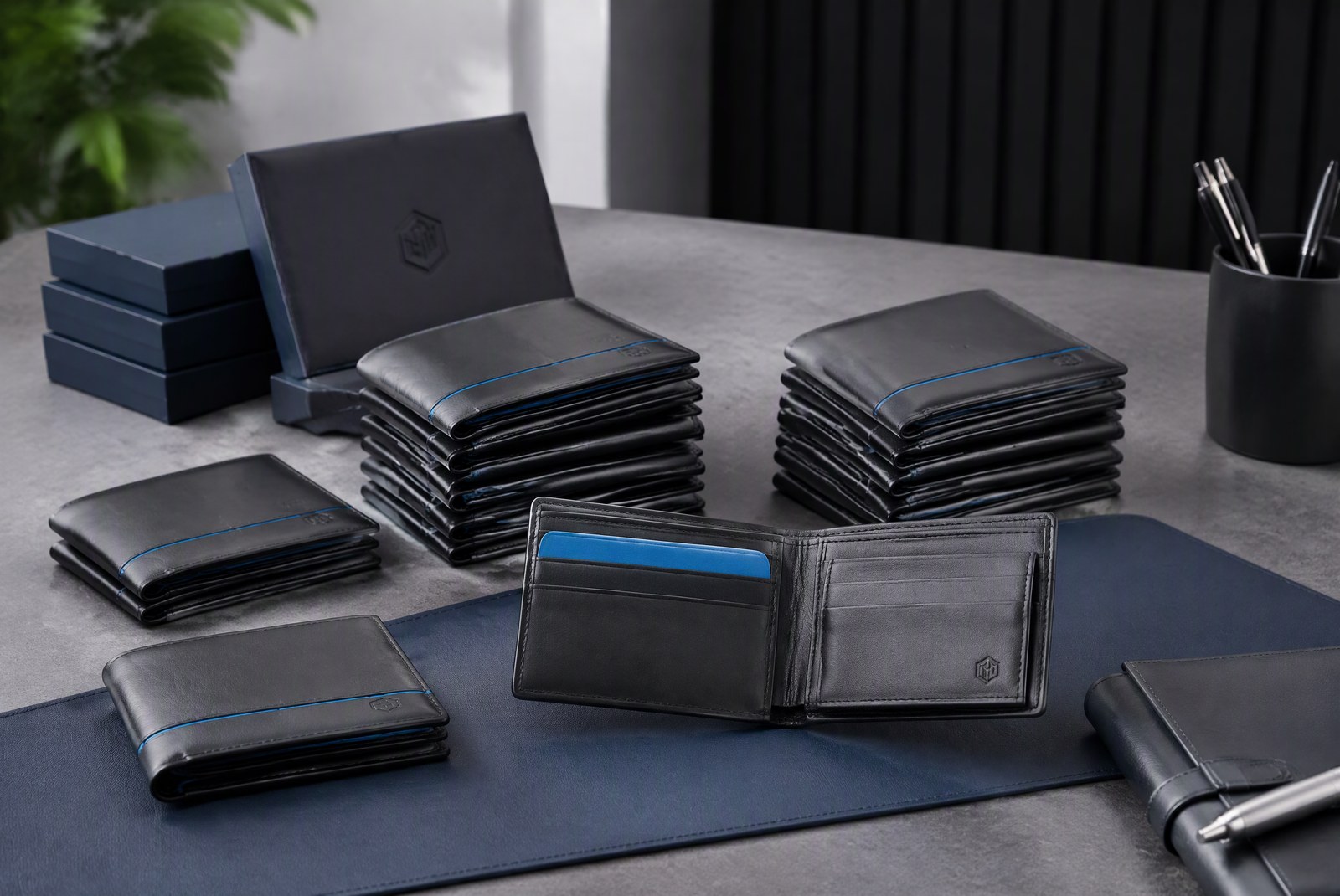 hero: studio product photography of a stack of custom branded wallets in leather and brushed aluminum, a debossed company logo visible on the front panel, dark gray studio background