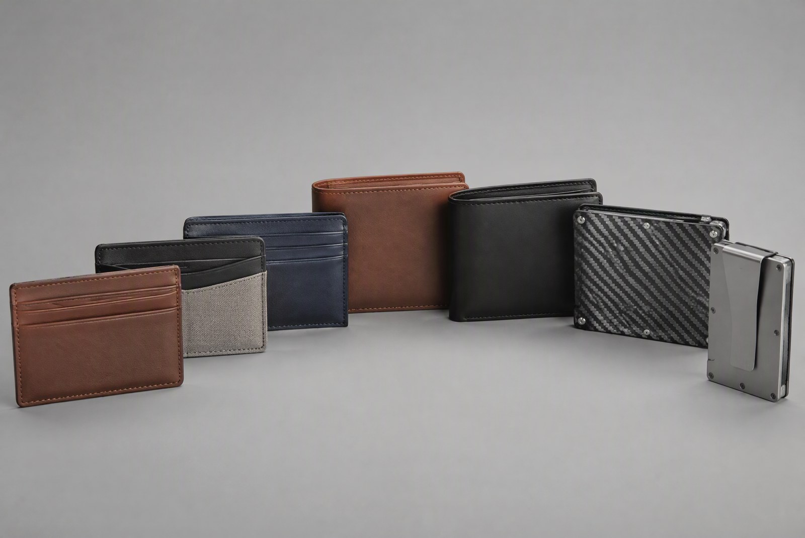 types: product photography of three promotional wallet builds side by side: a slim RFID card holder, a two-piece brushed aluminum wallet, and a full-grain leather card case, each with a different logo treatment
