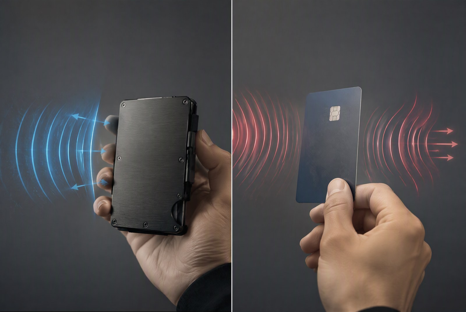 Unprotected card, a basic RFID sleeve, and a metal card holder with structural shielding