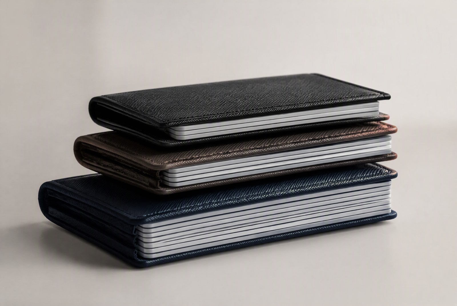 RFID wallet thickness by card load: three wallets stacked at 4, 8 and 12 cards