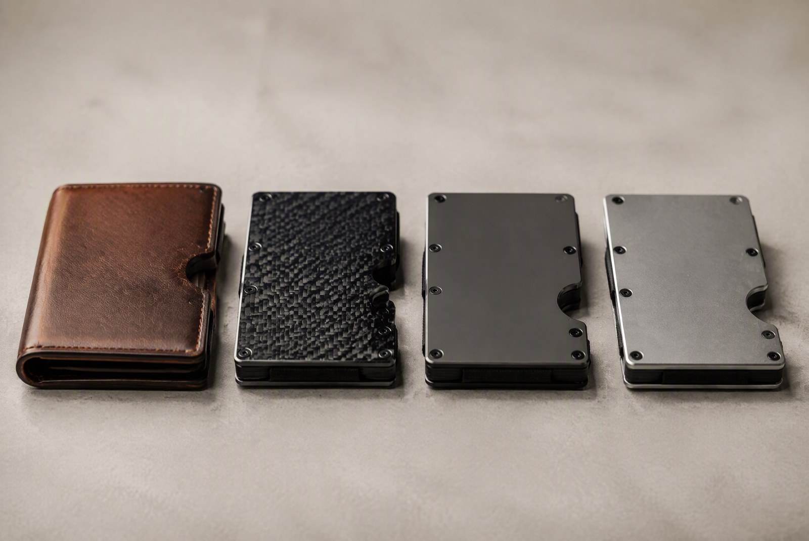 Four RFID wallet material families side by side: leather, carbon fiber, aluminum and titanium