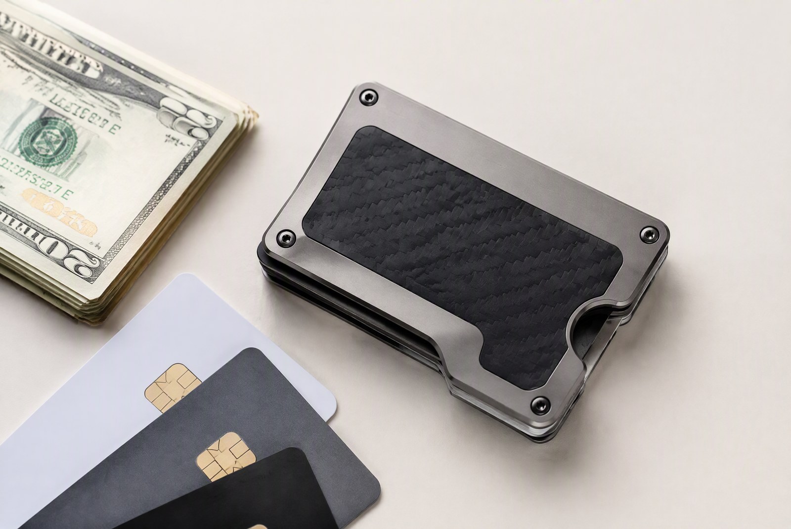 Ridge Wallet aluminum with money clip on a desk — hero review shot