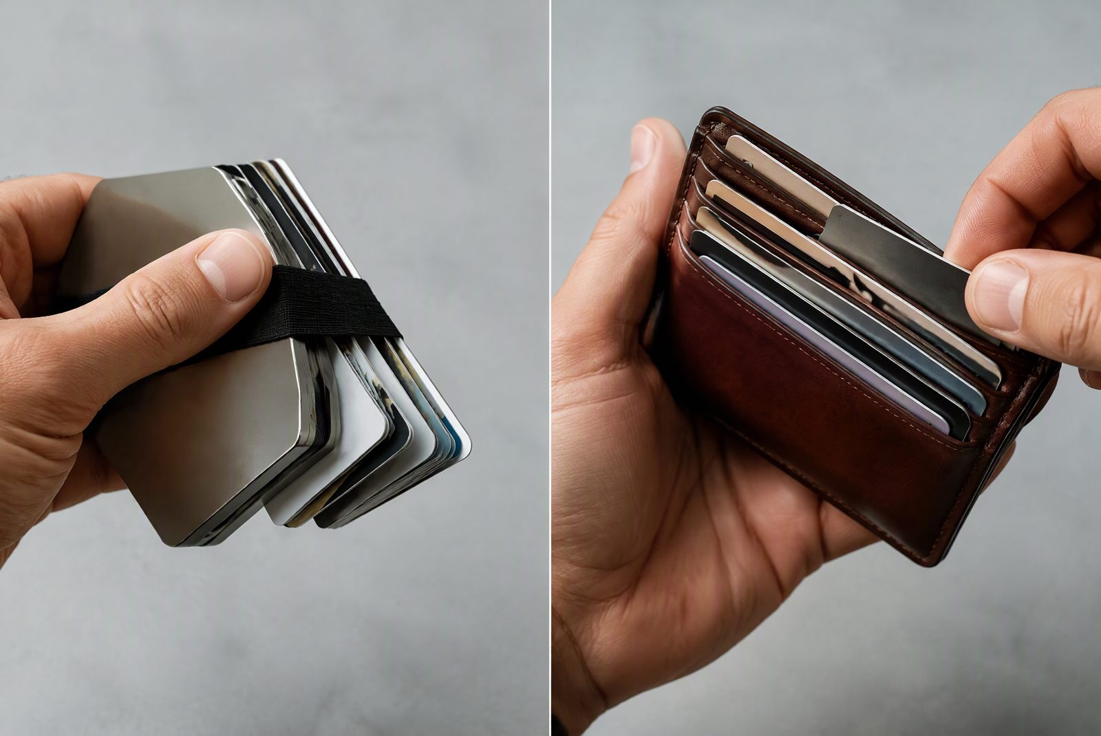 Close-up comparing card access: elastic-band stack on metal vs slots on leather