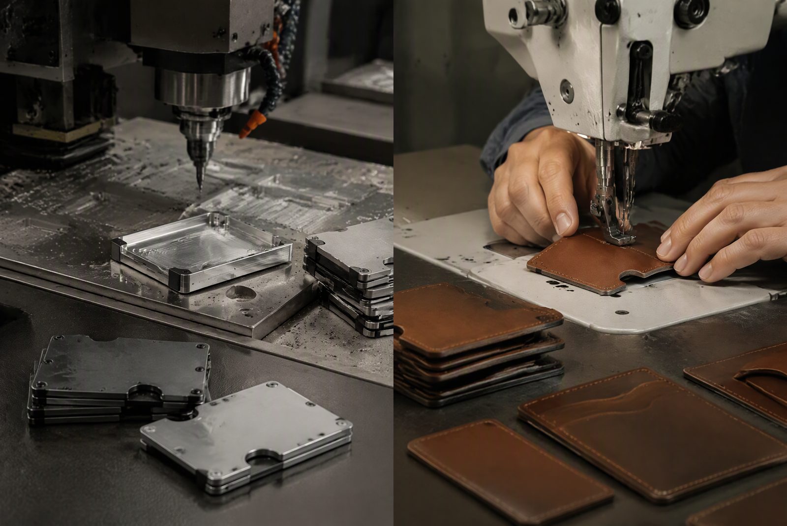 Aluminum wallet assembly and leather stitching production at a wallet factory