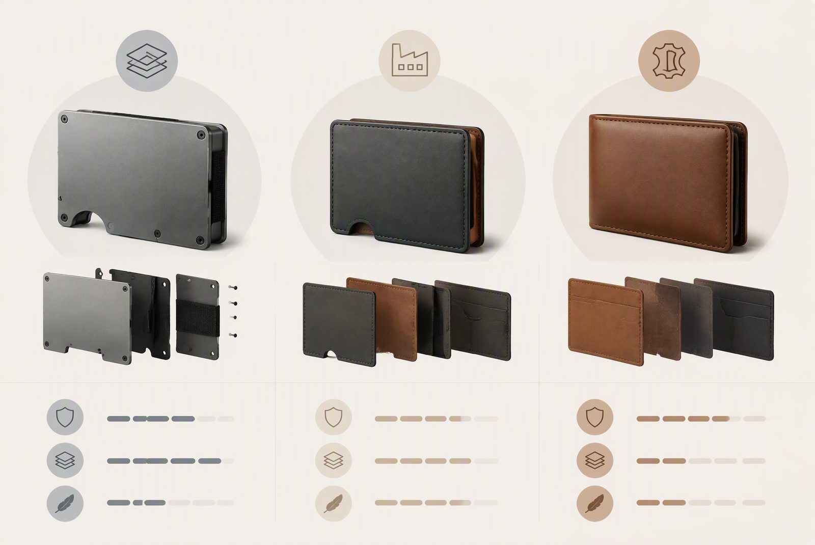 The three options summarized: Ridge hardware, Bellroy leather, and their OEM equivalents