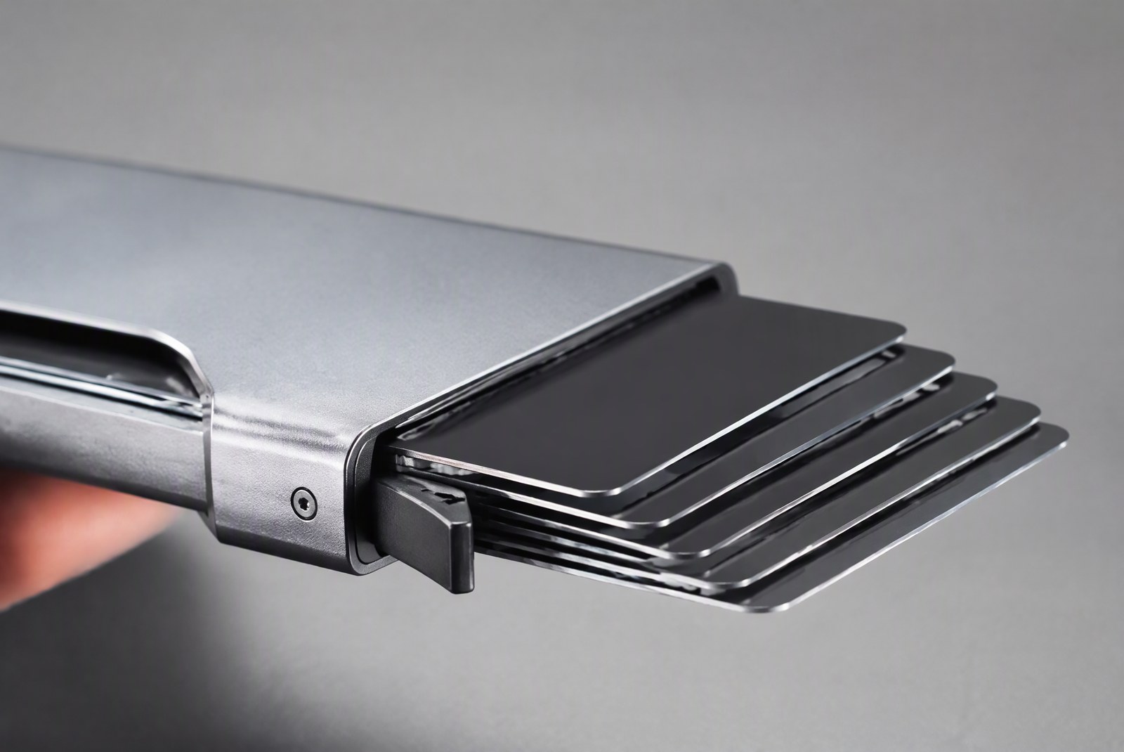 feature: factory assembly bench with aluminum plates, ejector mechanisms, and magnet sets laid out beside a finished sample wallet with custom logo