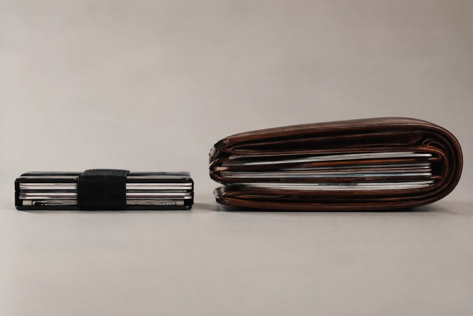 Ridge Wallet loaded with six cards plus cash clip — side profile