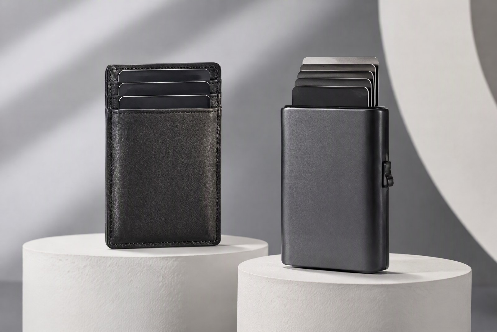 comparison: Flat-lay comparison of eight cardholder types laid out in a matrix for mechanism and thickness comparison