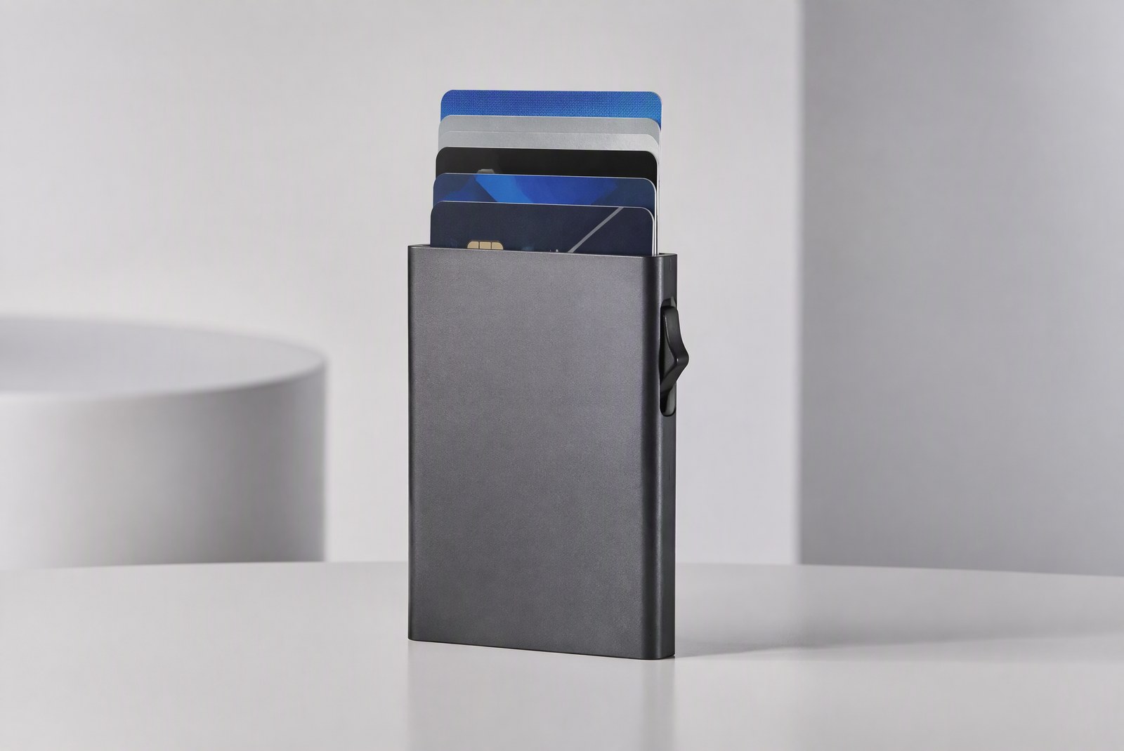 hero: Product photography of an aluminum card protector case with cards fanned out beside it in a studio setting