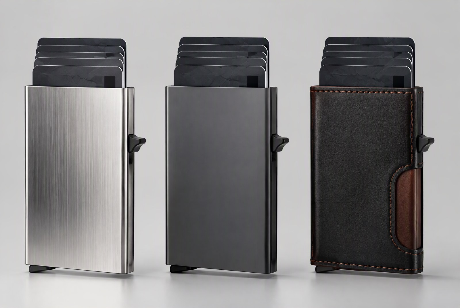 types: Close-up structural shots of a slide-out groove, an elastic band assembly, a magnetic fan and a pull tab cardholder