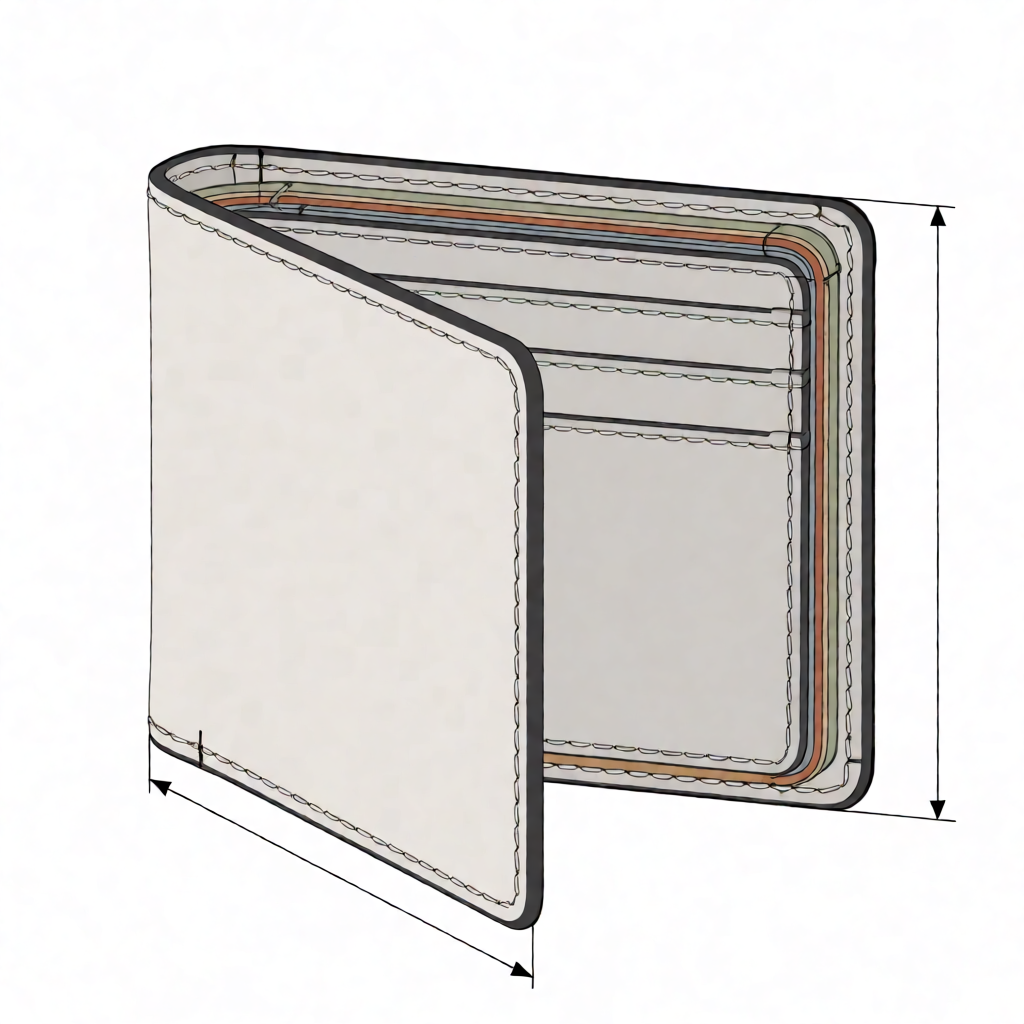 Technical cross-section diagram of leather wallet construction showing layers, stitching, and thickness measurements