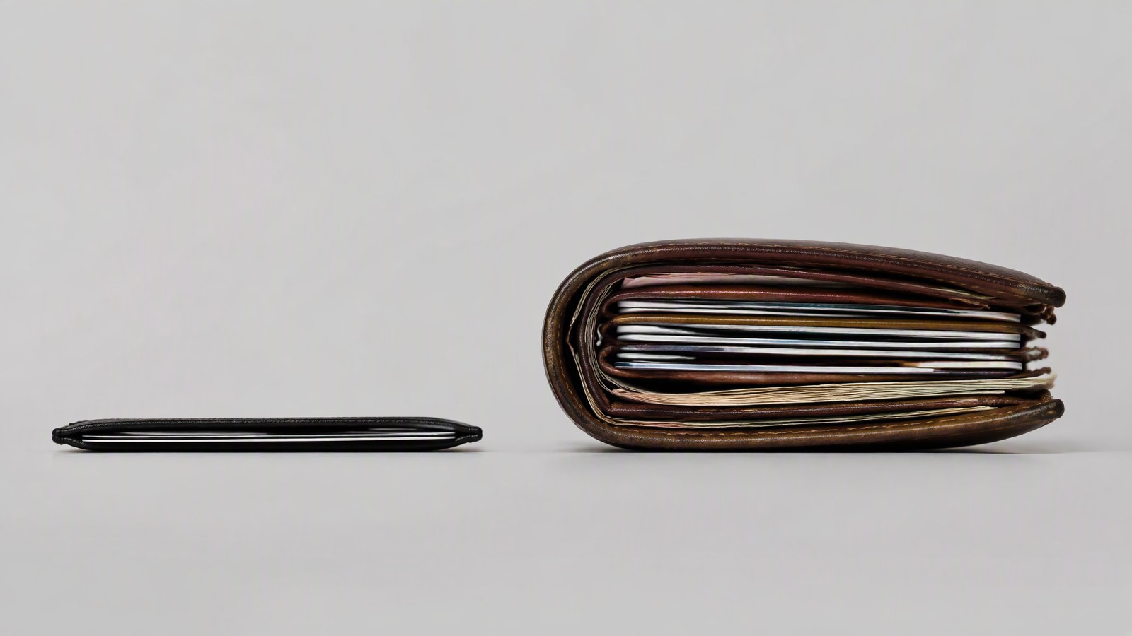 Side-profile thickness comparison: slim cardholder vs bulky filled bi-fold