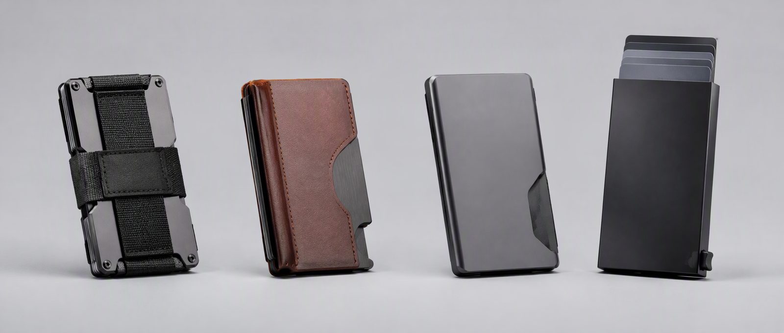 Trayvax wallet lineup comparison: Element, Axis, Summit, Contour and Wallet 2.0 metal frames side by side
