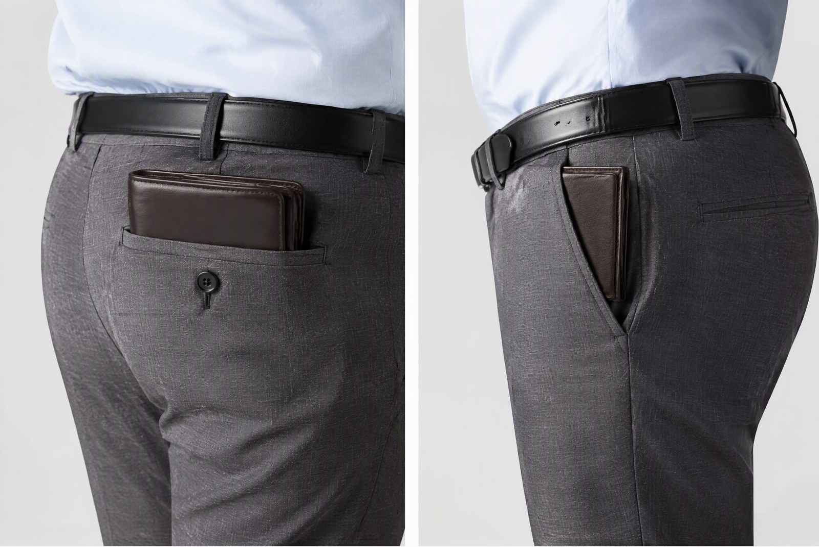 Four wallet thicknesses side by side, from a thin card case to a fully loaded bifold