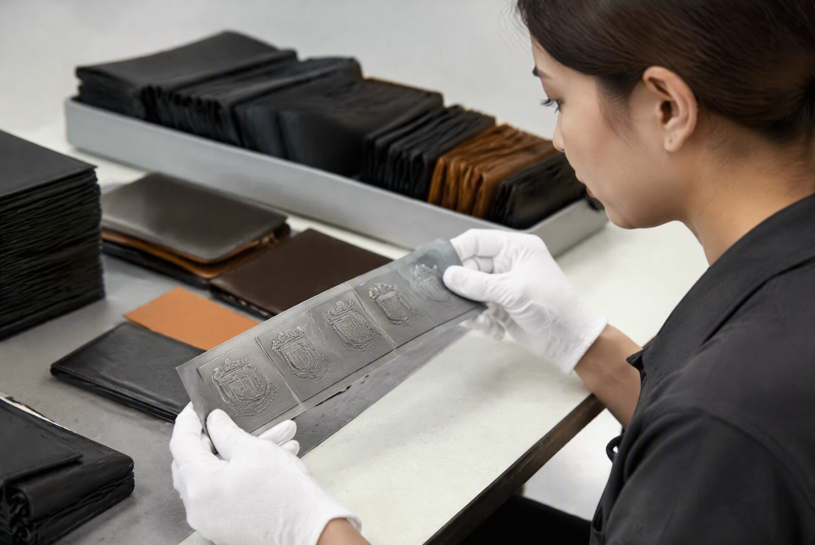 Logo strike-off samples being checked at TOPWALLET's quality control station