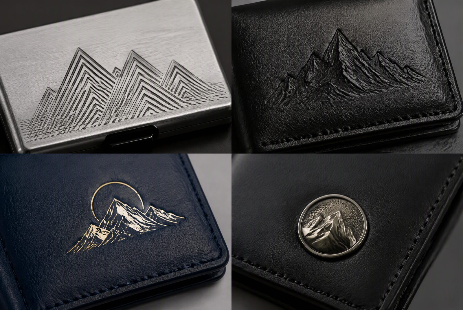 Close-up of logo methods on wallets: laser engraving, debossing, foil stamp and metal emblem