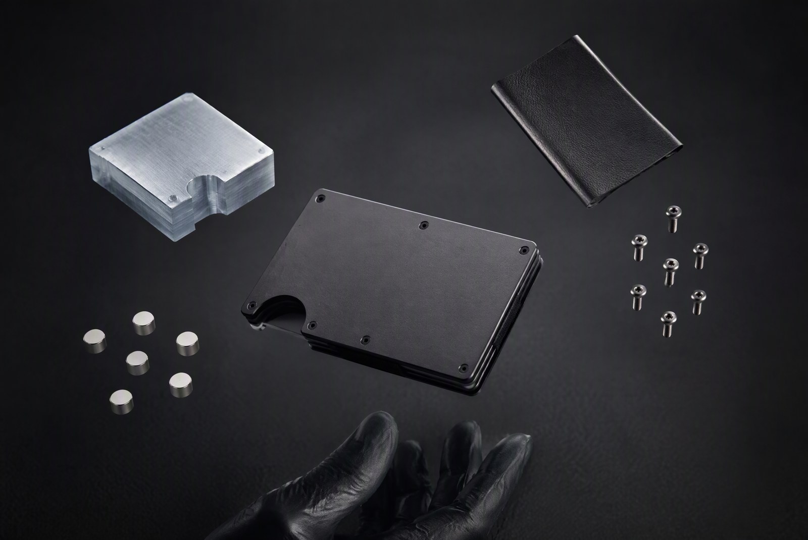Exploded view of a metal wallet on a clean workbench showing the 6061-T6 aluminum shell, internal card tray, rare-earth magnet groups, screws, and a sheet of RFID-blocking lining, each part labeled