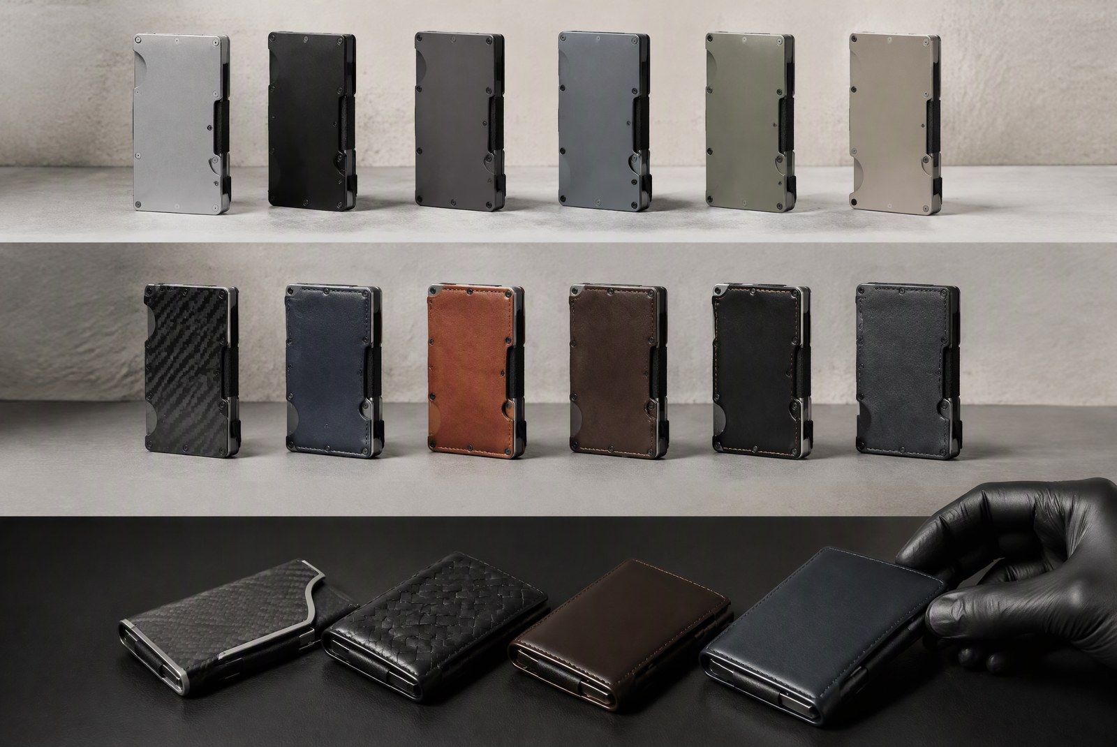Material cost comparison chart: relative price positioning of 6061-T6 and 7075-T6 aluminum, GR5 titanium, 301/316L stainless steel, and 3K carbon fiber for wallet shells (per TOPWALLET materials sheet)