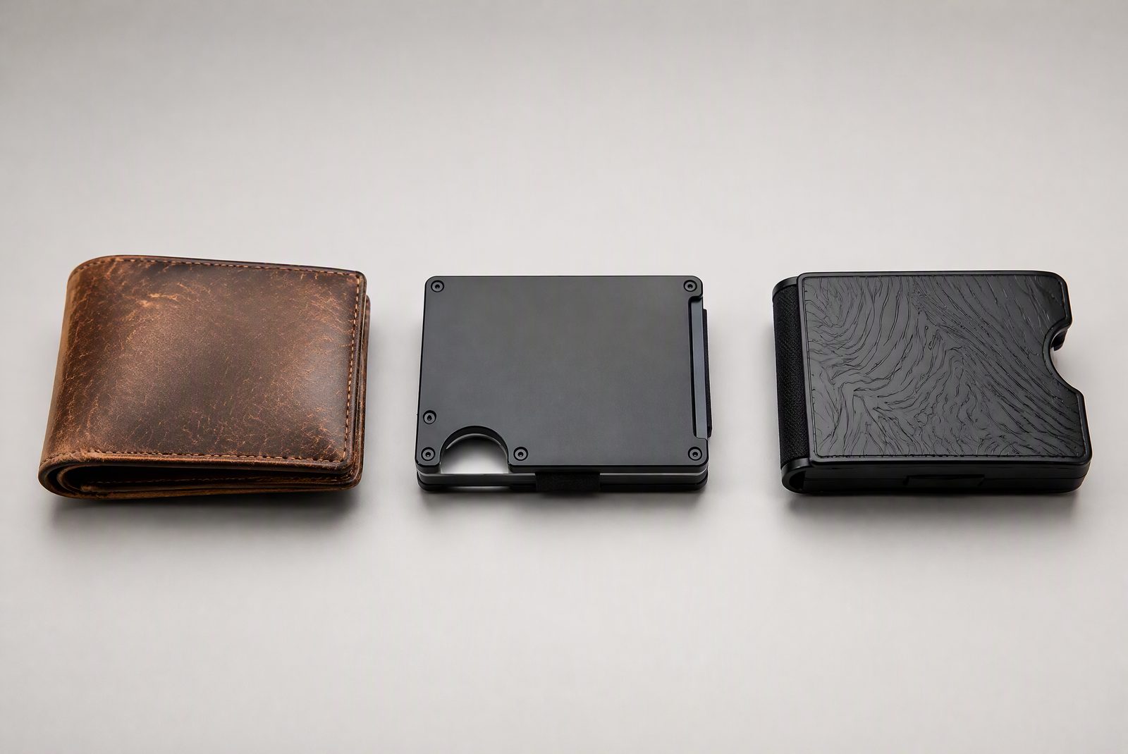 Upgrade path: worn bifold → rigid metal → custom engraved — progression shot