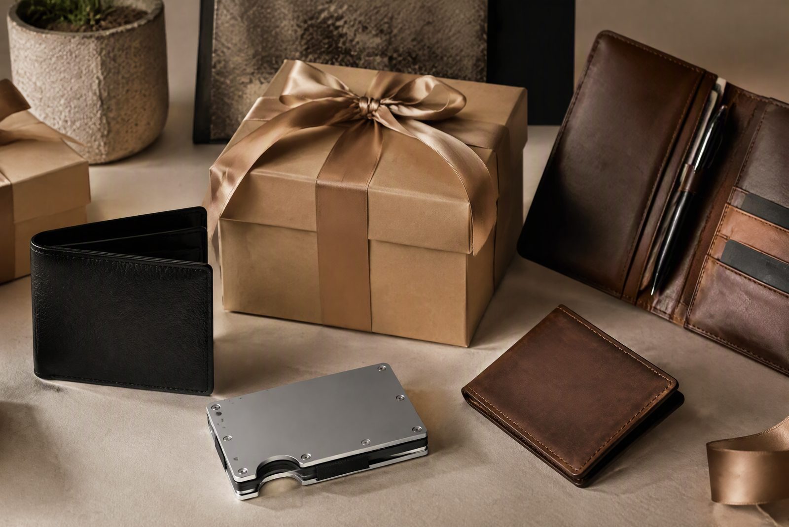 A gift box of wallets surrounding a men's wallet on a table — gift theme colors
