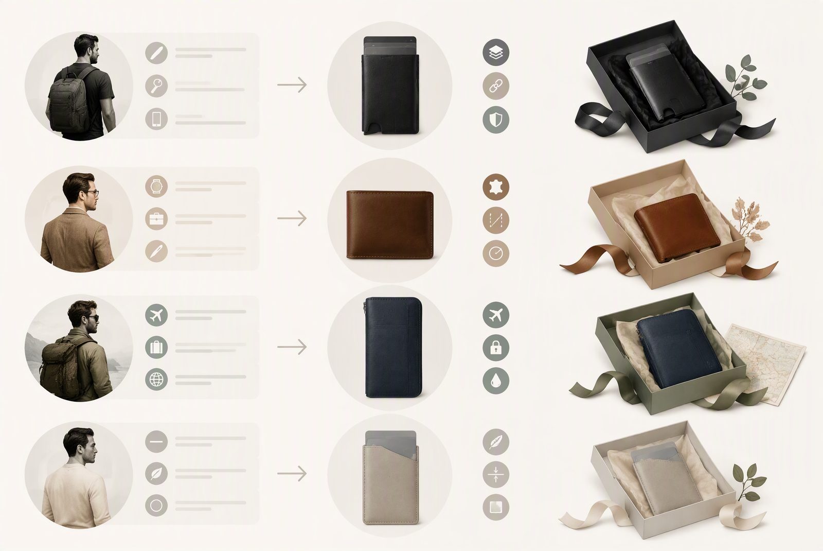 Wallet gift categories mapped to gift recipient types: EDC, traditionalist, traveler, minimalist