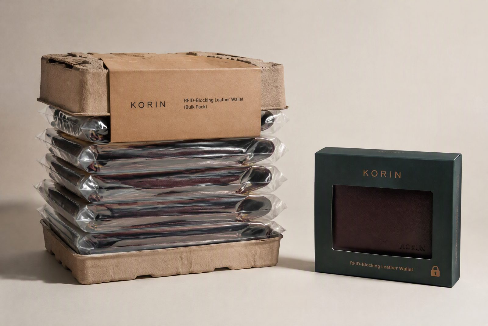 Factory cost breakdown and retail markup math overlaid on a minimal wallet product shot