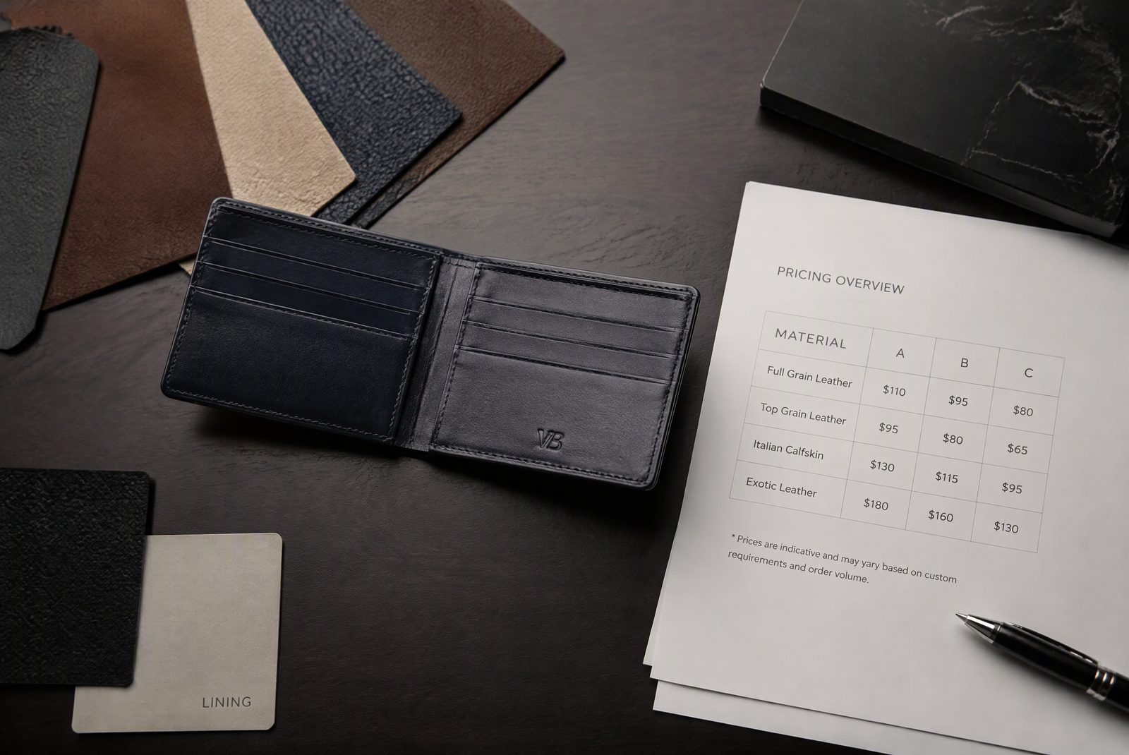 A slim aluminum wallet on a clean surface with price-tier styling, dark minimal ecommerce photography