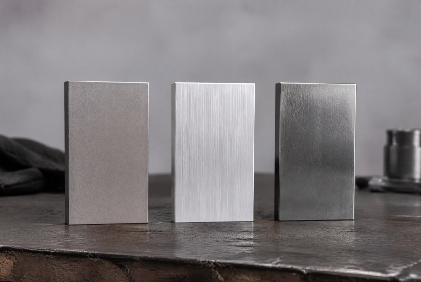 comparison: comparison photography of four metal samples arranged in a row: a dark gray grade 5 titanium plate, a lighter unalloyed titanium plate, a silver 6061 aluminum plate, and a polished 304 steel plate, each with a printed label card