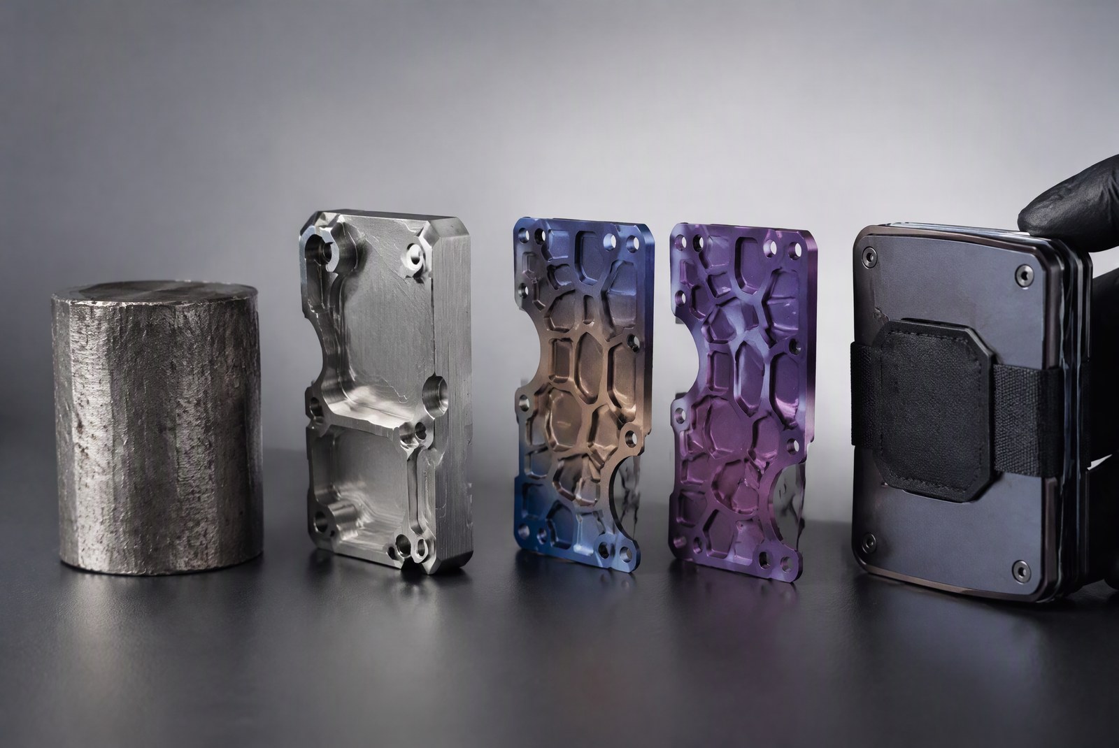 types: macro photography of a slim grade 5 titanium card wallet held in one hand, close-up on the brushed texture and a machined edge