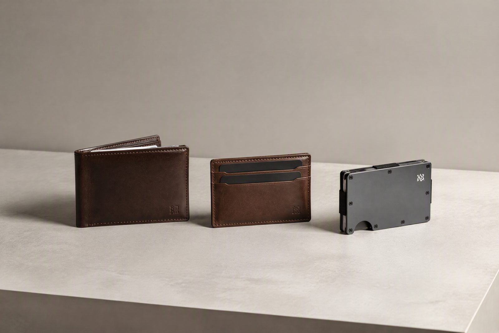 Types of minimalist wallets compared: card, bifold-mini, and case formats